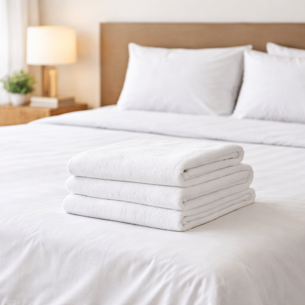 Freshly cleaned and folded towels placed on a neatly made bed for Airbnb and short-term rental laundry service
